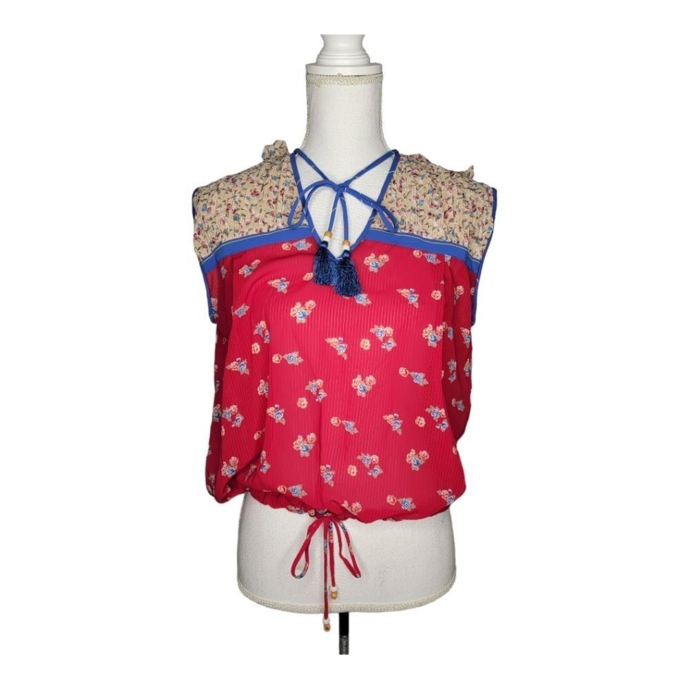 Vintage Diane Freis Blouse Top Multicolor Sleeveless Poly Georgette M / L Red